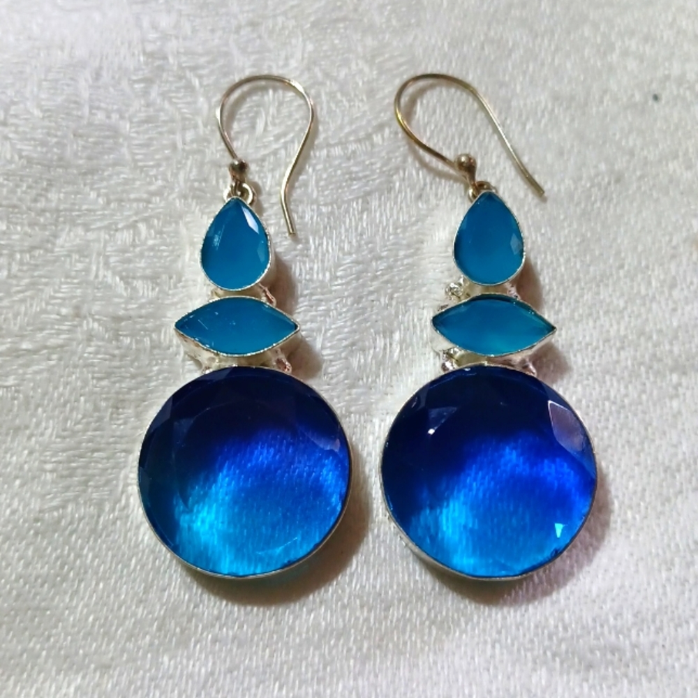 Chalcedony topaz earrings blue aqua silver handmade jewelry glowy gemstones gem